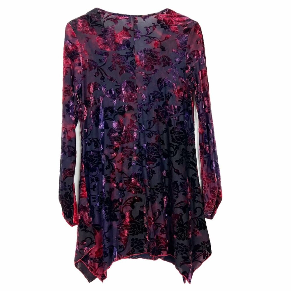 Snoskins Blouse Womens Large Black Red Purple Sheer Velvet Burnout Floral Ruffle - Picture 11 of 11